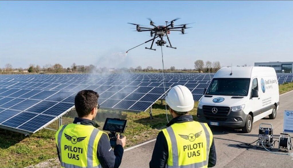 Pulizia di una struttura industriale con drone